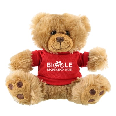 Plush and cotton brown bear with red shirt with branded imprint.